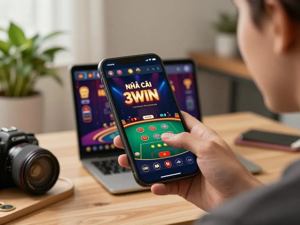 Explore Nhà cái 3WIN while playing live dealer games on a smartphone, capturing an engaging online casino experience.