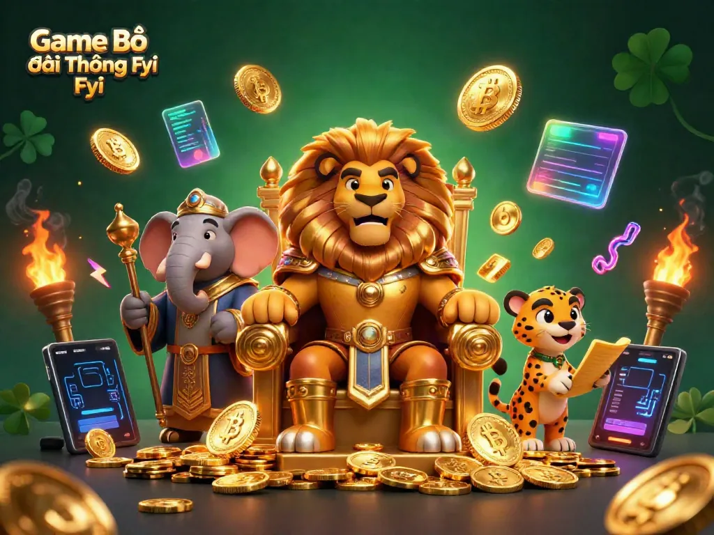 Join the excitement in Game Bài Đổi Thưởng Fyi with a royal lion, wise elephant, and swift cheetah amidst vivid casino elements.