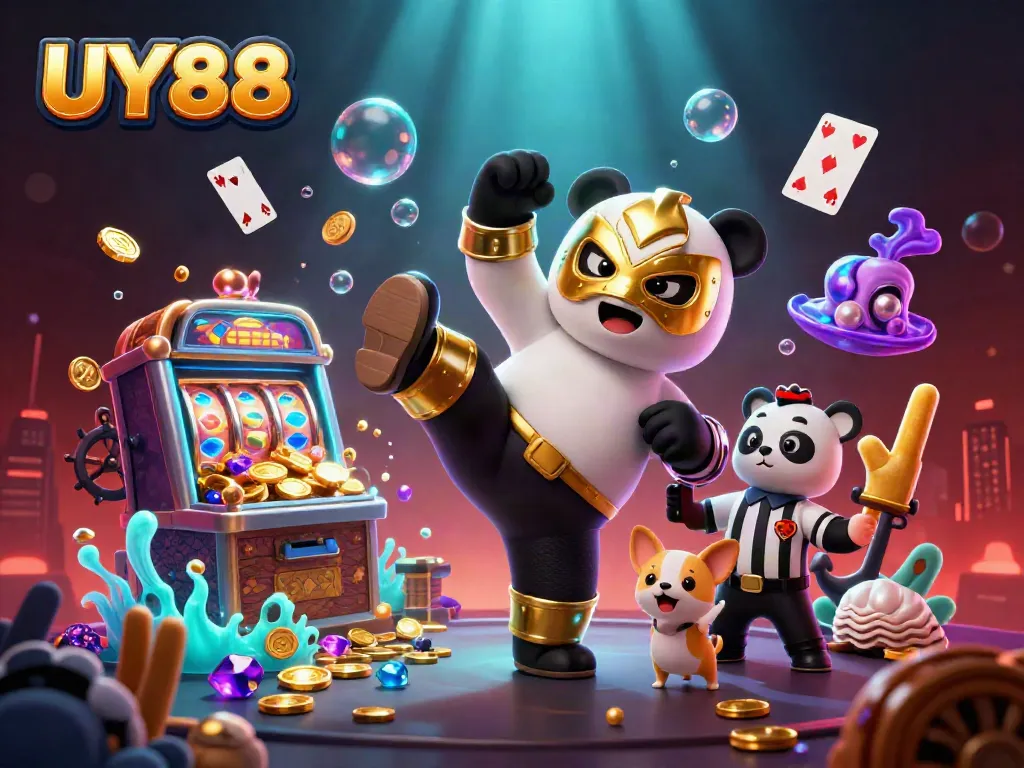 Join the excitement at UY88 with a dynamic casino scene featuring a panda wrestler and vibrant game elements.