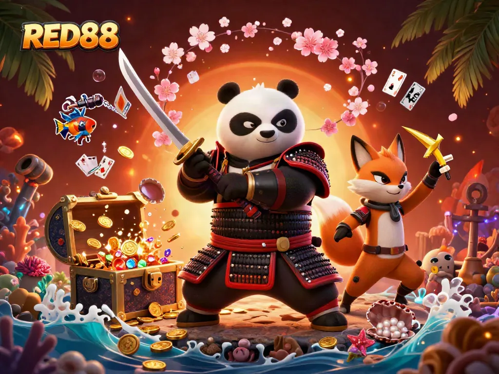 Experience exciting gaming action at RED88 with samurai panda, ninja fox, and magical tanuki in a vibrant scene.
