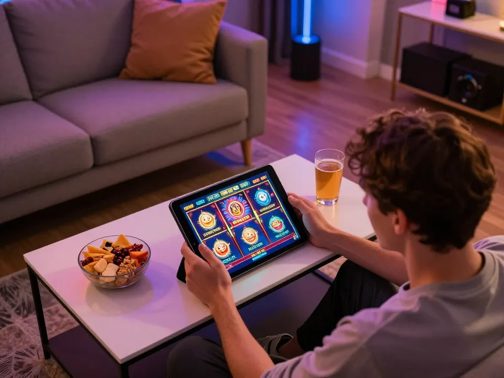 Engaged player enjoying immersive nk88 online slots gaming experience at home.