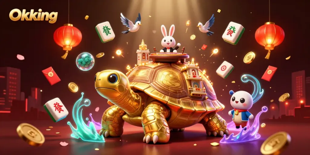 Experience thrilling casino adventures with Okking's vibrant 3D illustration featuring games and vibrant elements.