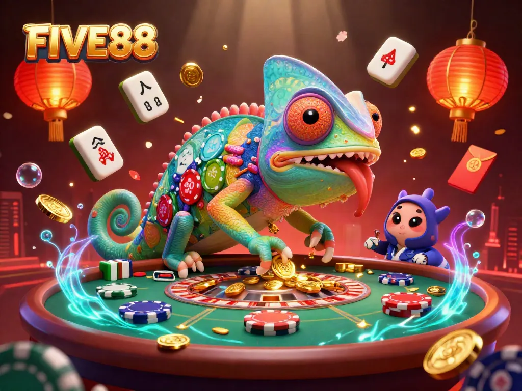 Experience the excitement of FIVE88 with a vibrant casino scene featuring a playful chameleon and game elements.