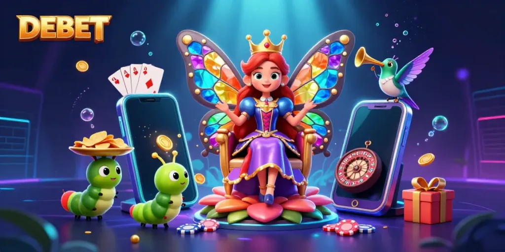 Experience thrilling gameplay with DEBET's vibrant, whimsical casino universe featuring a butterfly queen and casino elements.