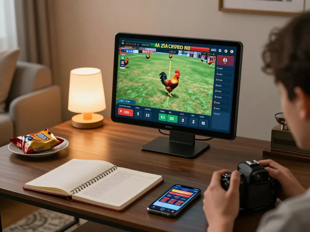 Engaging in đá gà trực tuyến at home, a player checks betting options on a tablet while enjoying snacks.