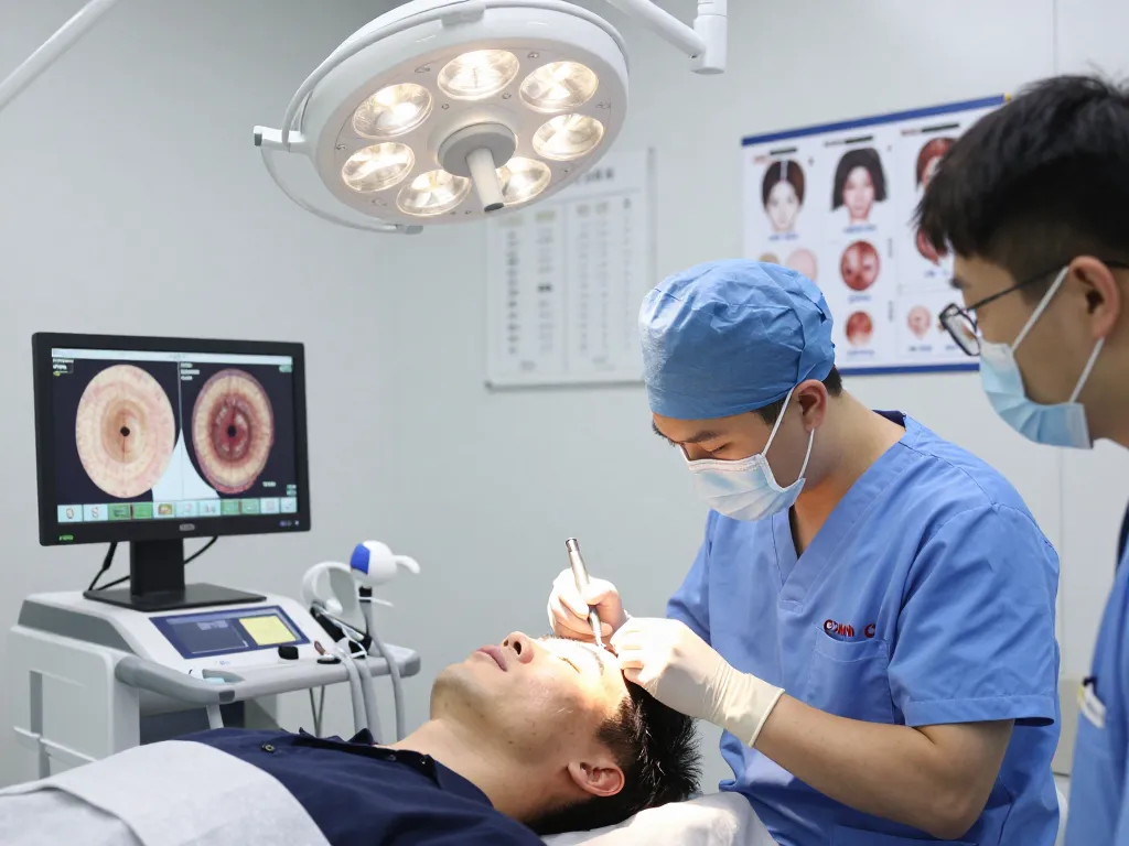 Haartransplantation Türkei Verfahren, das die Sapphire FUE-Technik in einer modernen Klinik zeigt.
