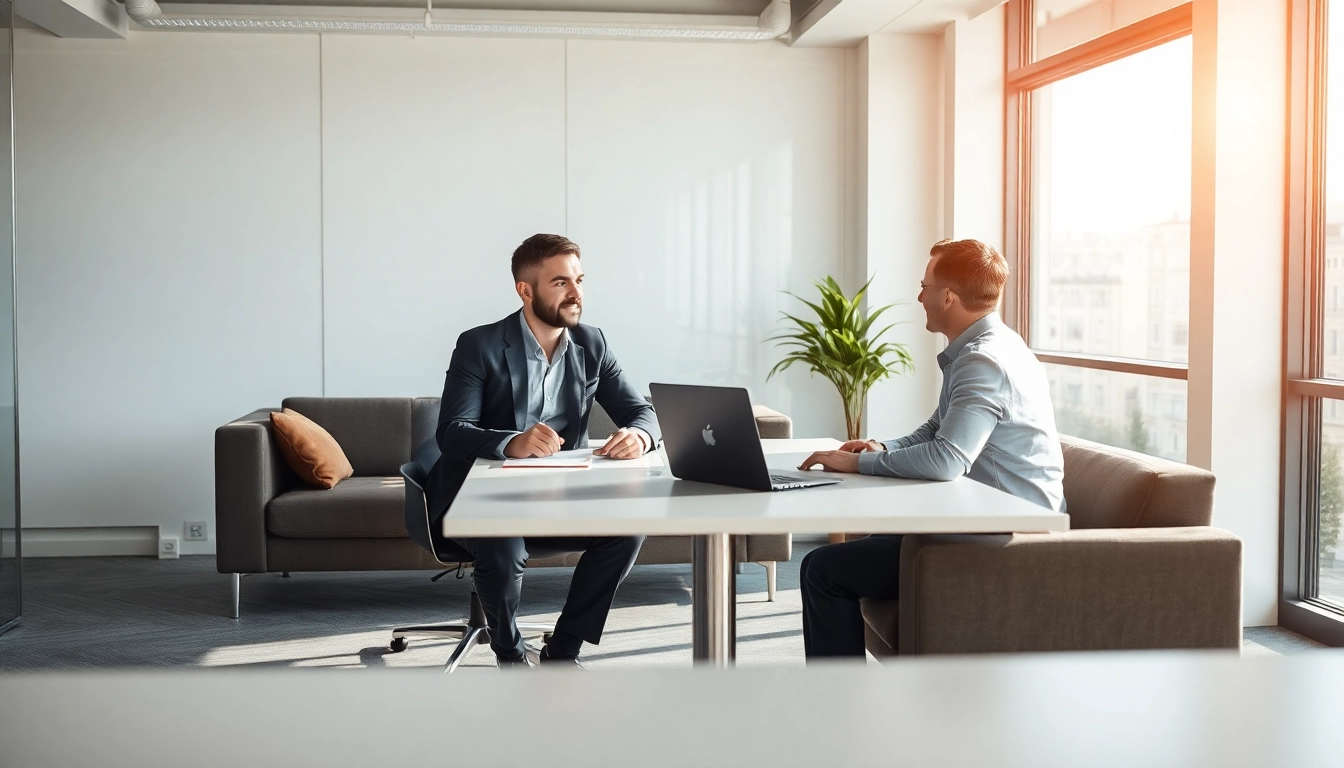 Personalberater Vertrieb diskutiert engagiert mit einem Kunden in einem modernen Büro.