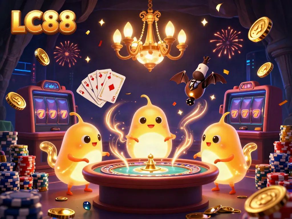 Experience the excitement of LC88 with glowing characters illuminating a dynamic casino scene filled with games and prizes.