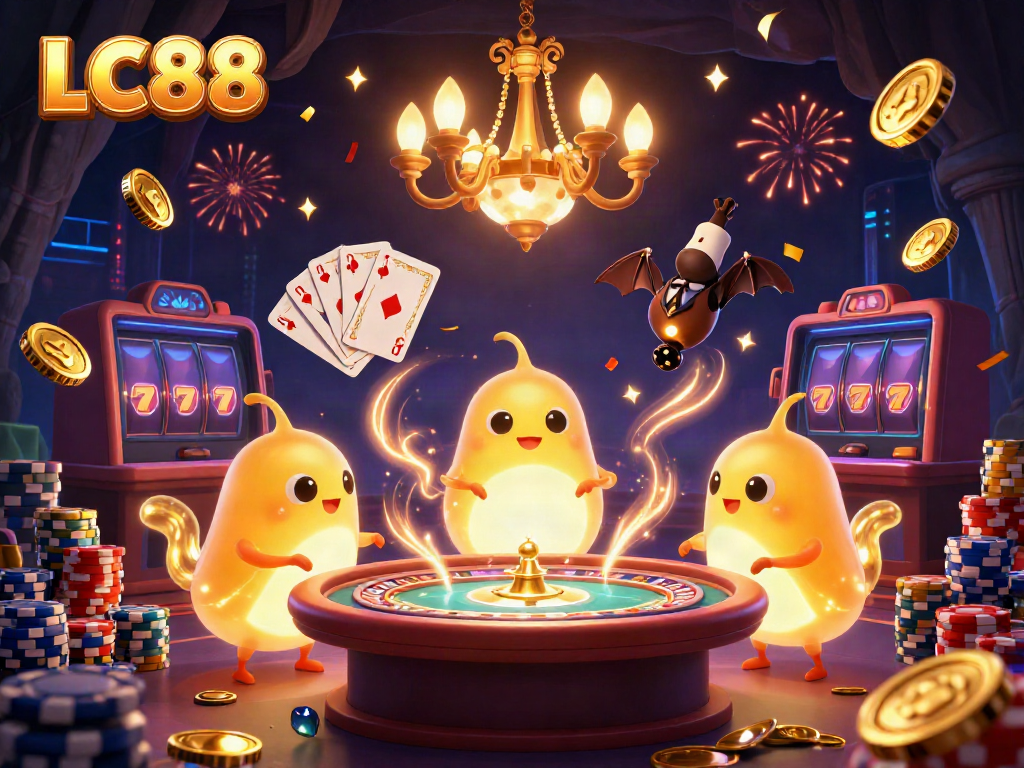 Experience the excitement of LC88 with glowing characters illuminating a dynamic casino scene filled with games and prizes.