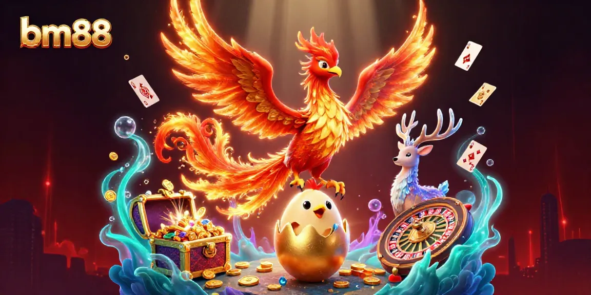 Engage in thrilling gameplay at bm88 with a vibrant scene showcasing a phoenix, roulette wheel, and floating cards.