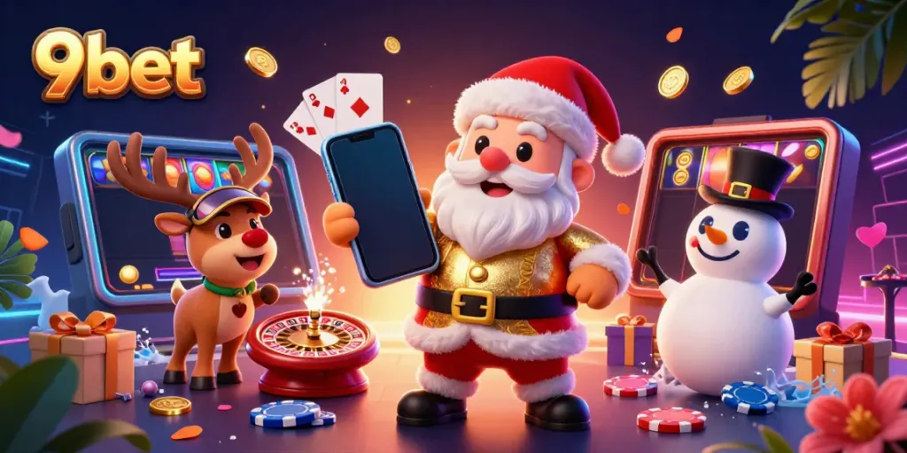 Engage in thrilling gameplay with 9bet, featuring vibrant casino elements like poker chips and playing cards at a gaming table.