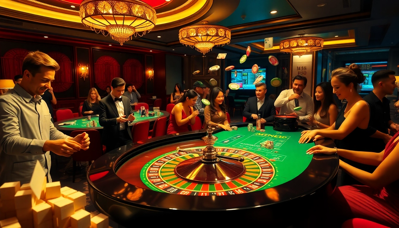 Experience the thrill of gaming at MM88 Casino with roulette and lively gamblers.