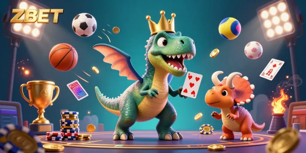 Experience thrilling action with ZBET as friendly cartoon dinosaurs shuffle cards and stack chips in an exciting casino scene.