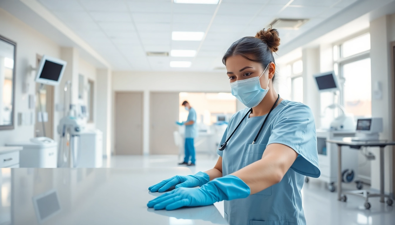 Hygiene wird von einem Reinigungsteam in einem Krankenhaus gepflegt und betont Sauberkeit.