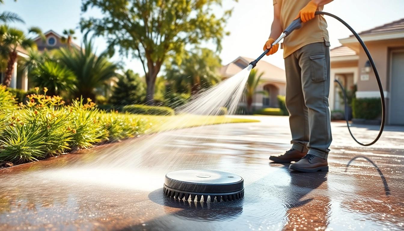 Driveway pressure wash in action, showcasing a skilled technician cleaning a residential driveway effectively.