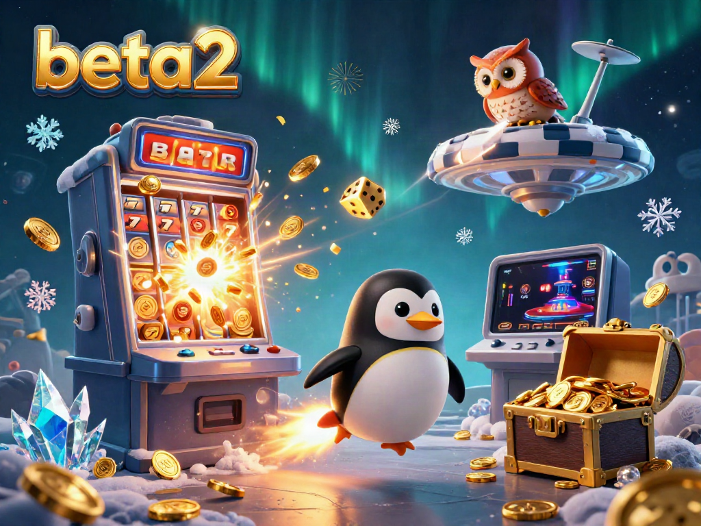 Join the thrilling adventure of beta2 with a golden penguin, slot machines, and a colorful casino backdrop.