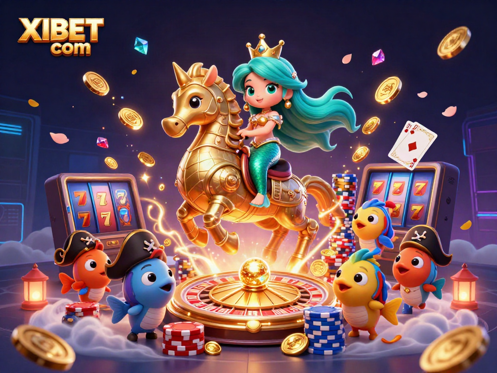 Experience fun at XIBET com with a vibrant 3D casino scene featuring a mermaid princess and giant seahorse.