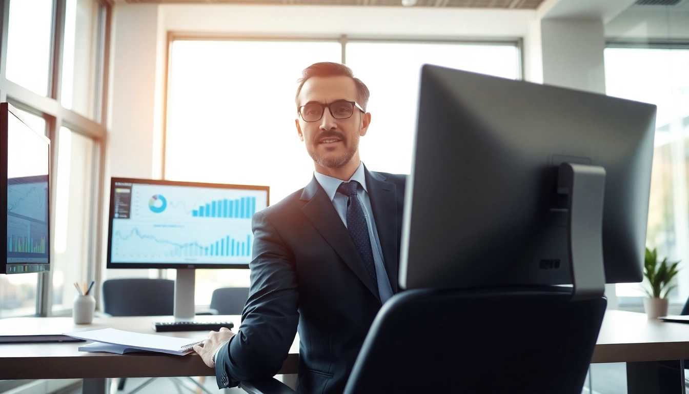 Tarifvergleich mit einem Finanzberater in modernem Büro, der Daten analysiert.