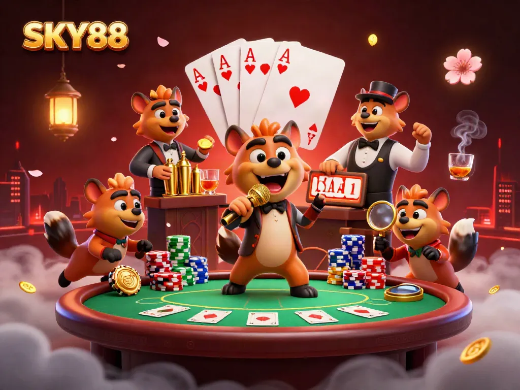 Experience the lively casino atmosphere at SKY88 with hyenas entertaining guests as bartenders and bouncers.