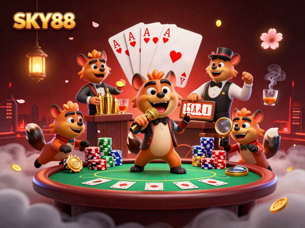 Experience the lively casino atmosphere at SKY88 with hyenas entertaining guests as bartenders and bouncers.