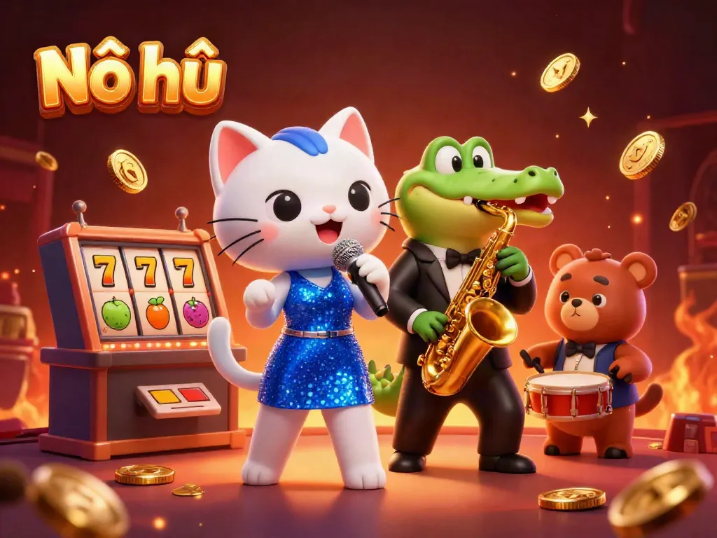 Engaging scene depicting Nổ hũ with a jazz-singer cat, saxophone crocodile, and drum bear in a casino atmosphere.