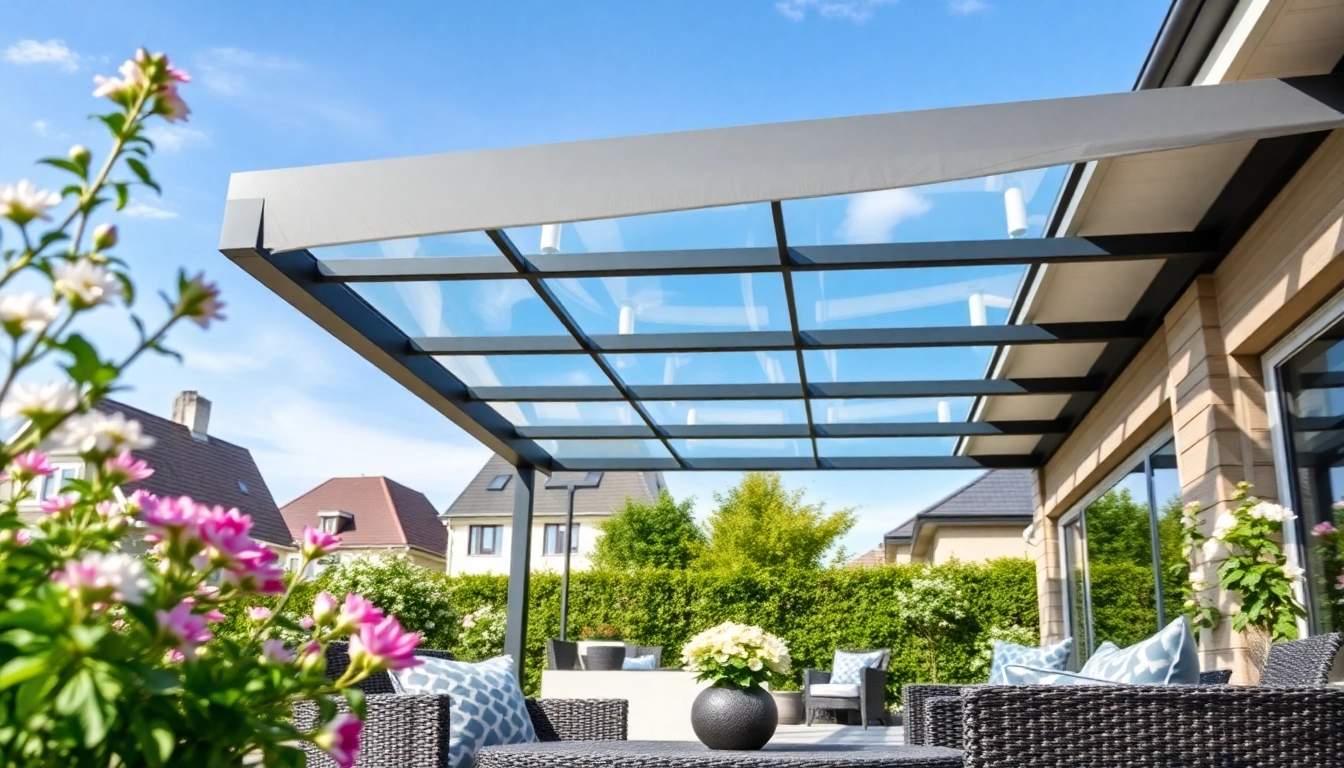 Terrassenüberdachung Duisburg im modernen Design mit eleganten Materialien in einem Garten.