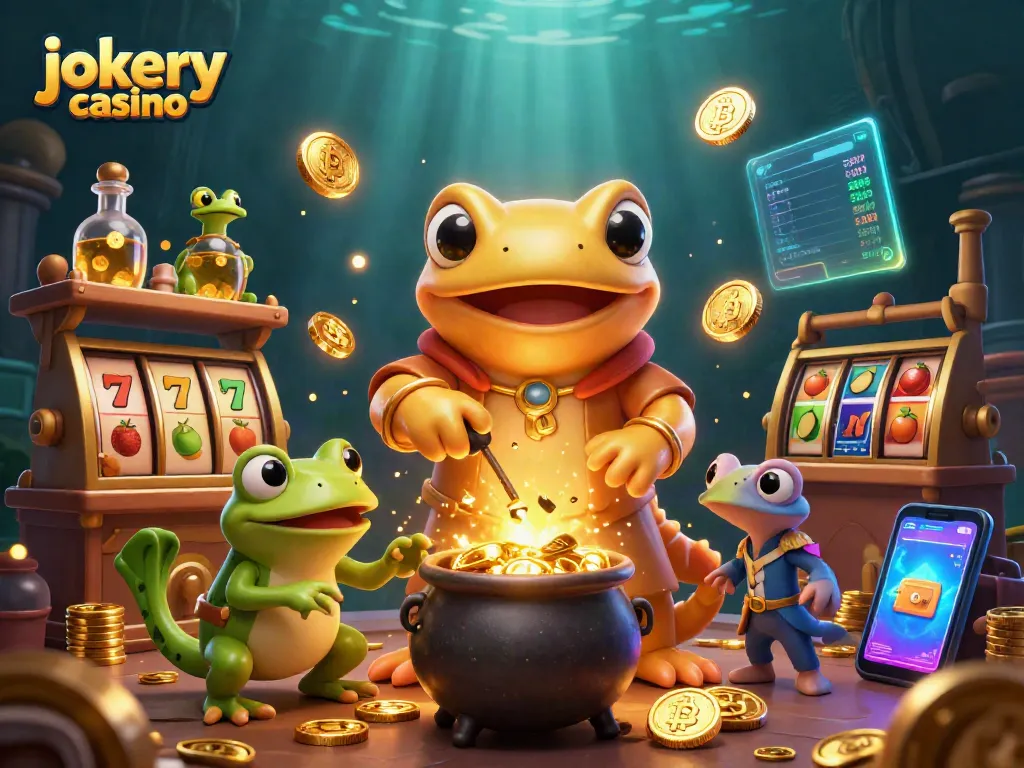 Experience the thrill of playing at jokery casino with vibrant slots and coins in this magical scene.