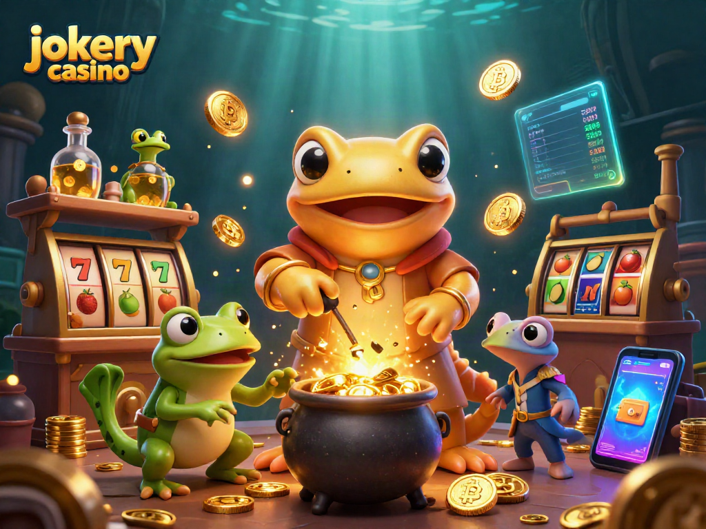 Experience the thrill of playing at jokery casino with vibrant slots and coins in this magical scene.
