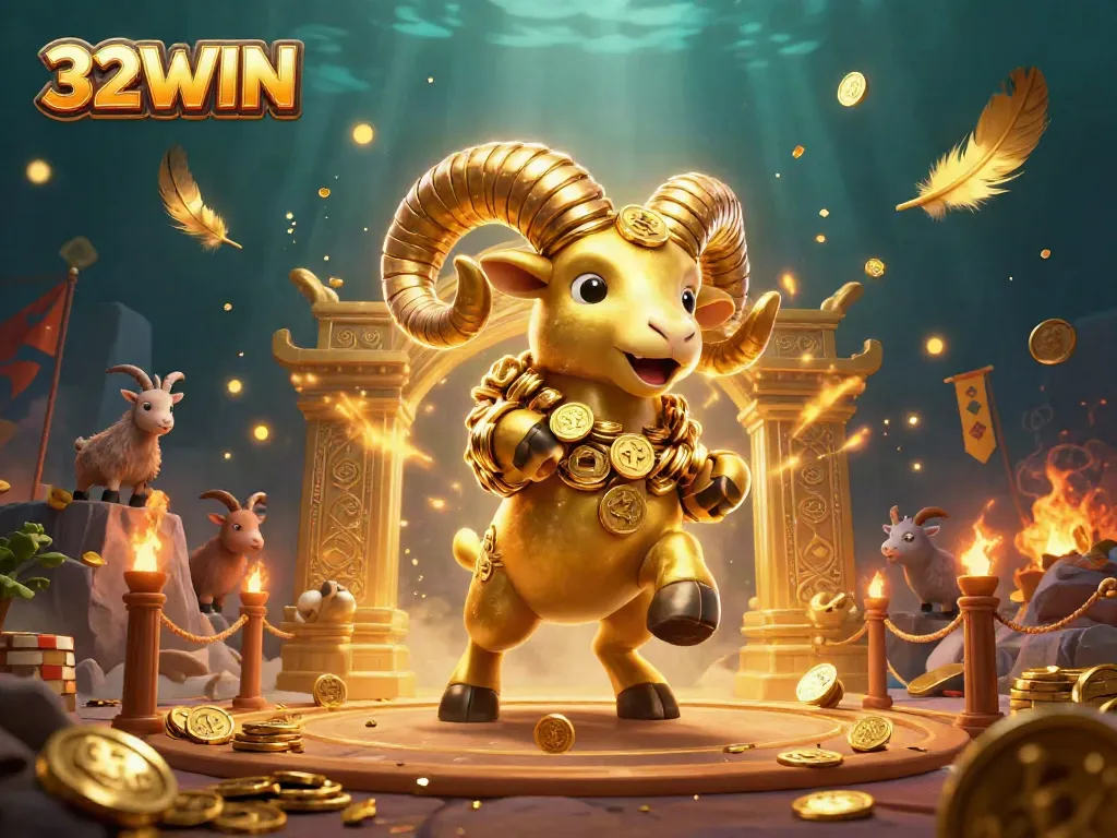 Embark on thrilling wins at 32WIN with dynamic 3D casino action, featuring a spirited ram amidst glittering assets.