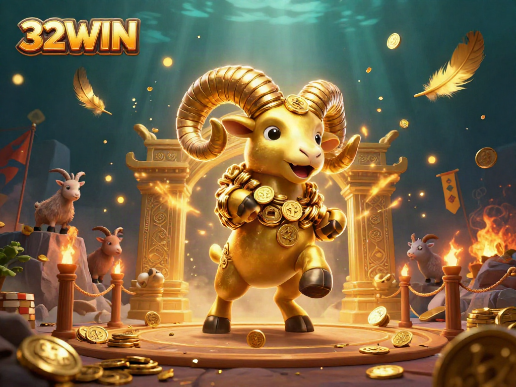 Embark on thrilling wins at 32WIN with dynamic 3D casino action, featuring a spirited ram amidst glittering assets.