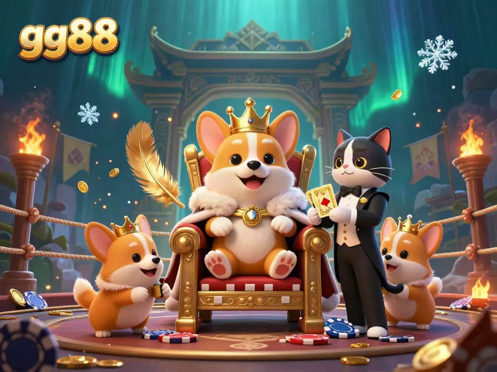 Experience the lavish GG88 royal atmosphere with corgis and golden gaming elements.