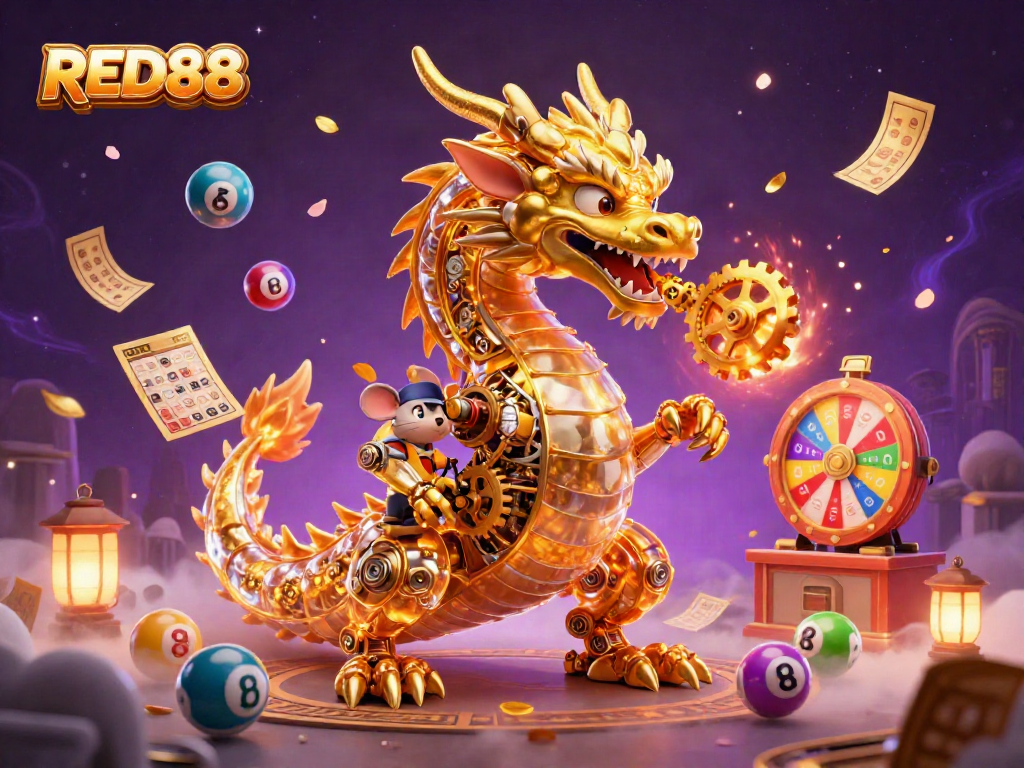 Experience the excitement of RED88 with a dynamic scene of a dragon and engineer amidst vibrant casino elements.