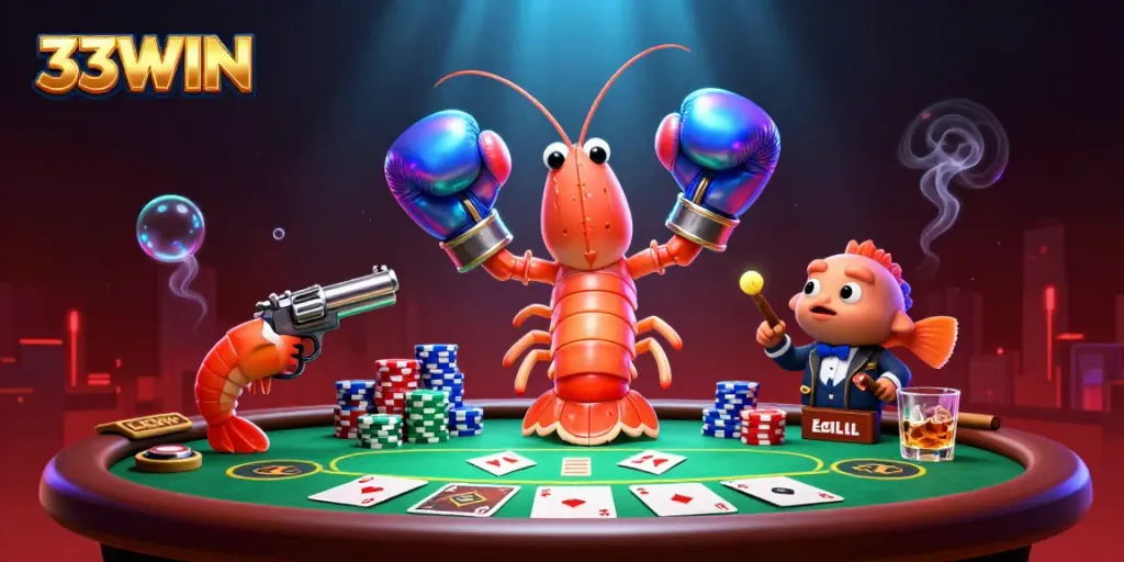 33WIN poker showdown featuring vibrant characters and casino elements in a dynamic scene.