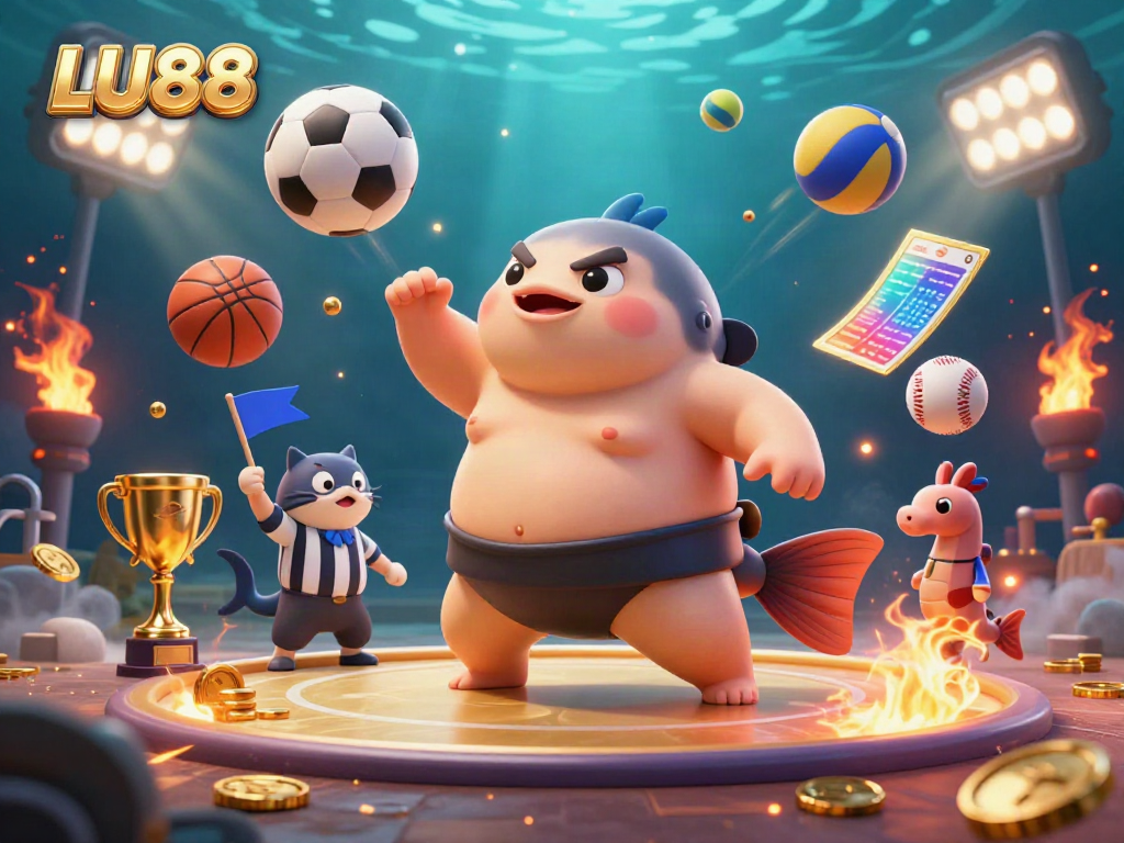 Experience LU88 with an animated underwater casino scene featuring fugu, referee, and seahorse fans.