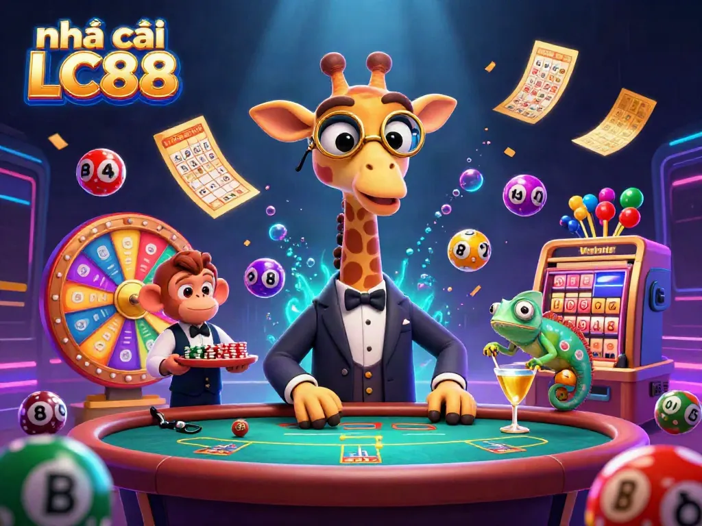 Experience the excitement at nhà cái LC88 with a lively casino scene featuring a giraffe at the poker table.