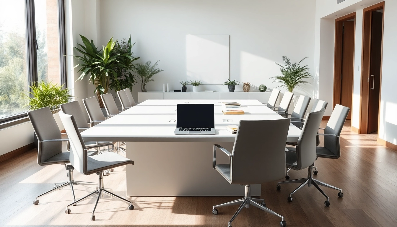 Headhunter Schweiz: Moderner Büroarbeitsplatz mit elegantem Konferenztisch und Laptop.