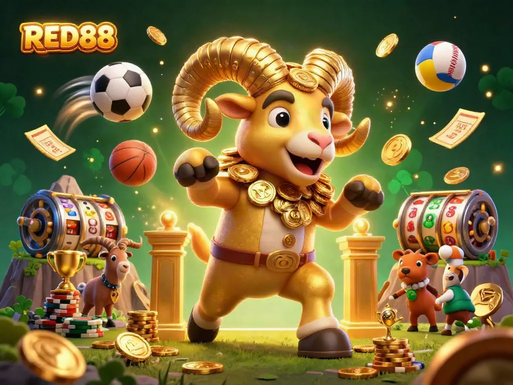 Experience the thrill of gambling with RED88 as a golden ram charges through a vibrant casino scene filled with dynamic elements.