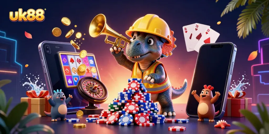 Engage in the excitement of uk88 with a vibrant 3D scene featuring a triceratops and a parasaurolophus celebrating amidst colorful casino elements.