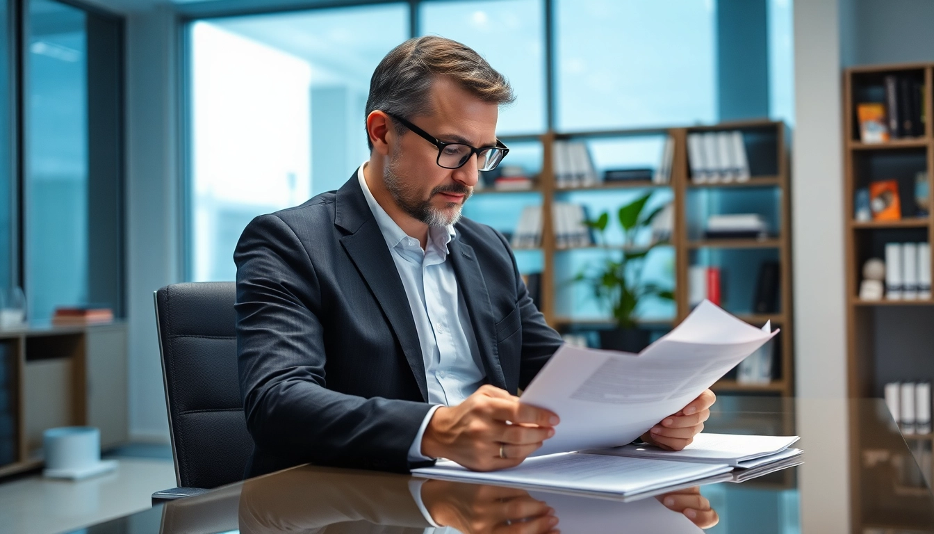 Headhunter Finance bei der Durchsicht von Bewerbungen in einem eleganten Büro.
