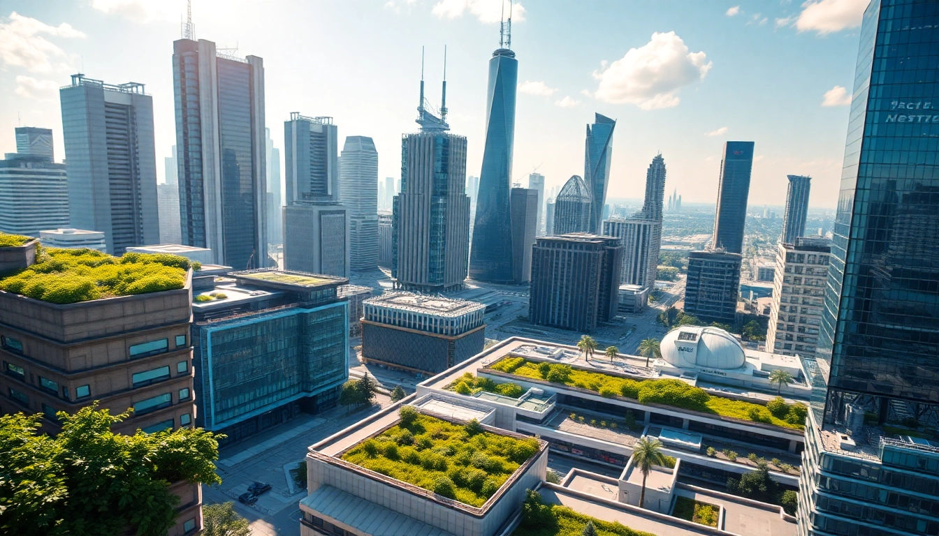 Digitale Zukunft mit futuristischer Stadtlandschaft, die Technologien und Nachhaltigkeit vereint.