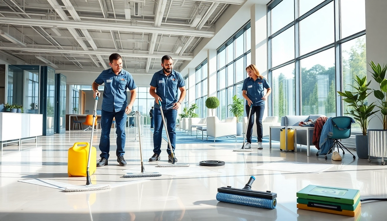 Efficient team performing Gebäudereinigung Ulm in a bright office environment.