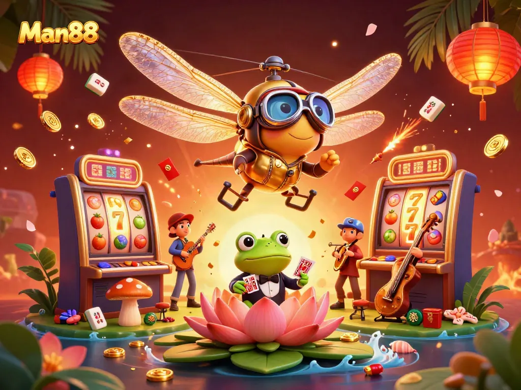 Experience thrilling adventures at Man88 with slot machines and vibrant casino scenery.