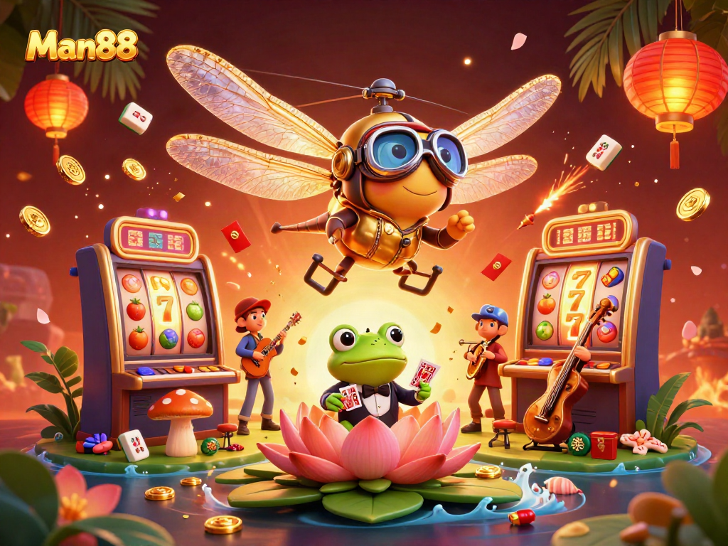 Experience thrilling adventures at Man88 with slot machines and vibrant casino scenery.