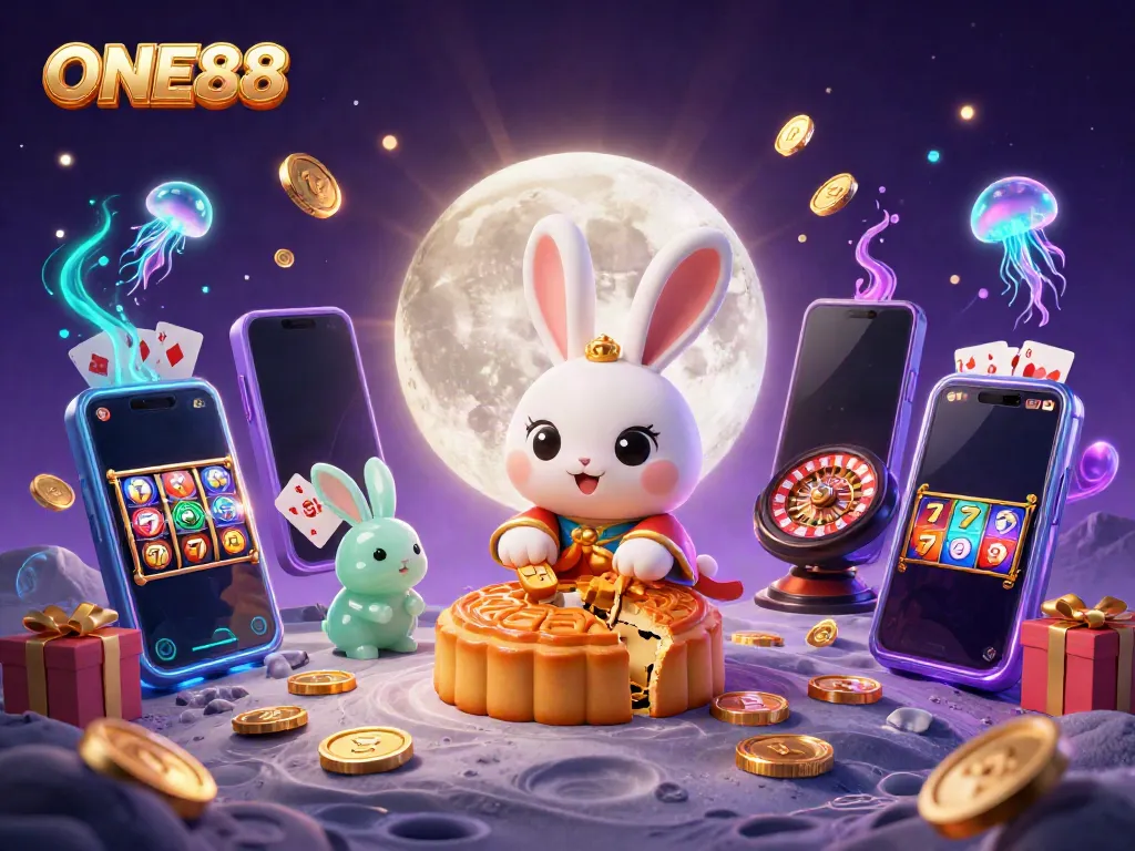 ONE88 offers an engaging scene with a moon rabbit exploring vibrant casino elements while gambling.