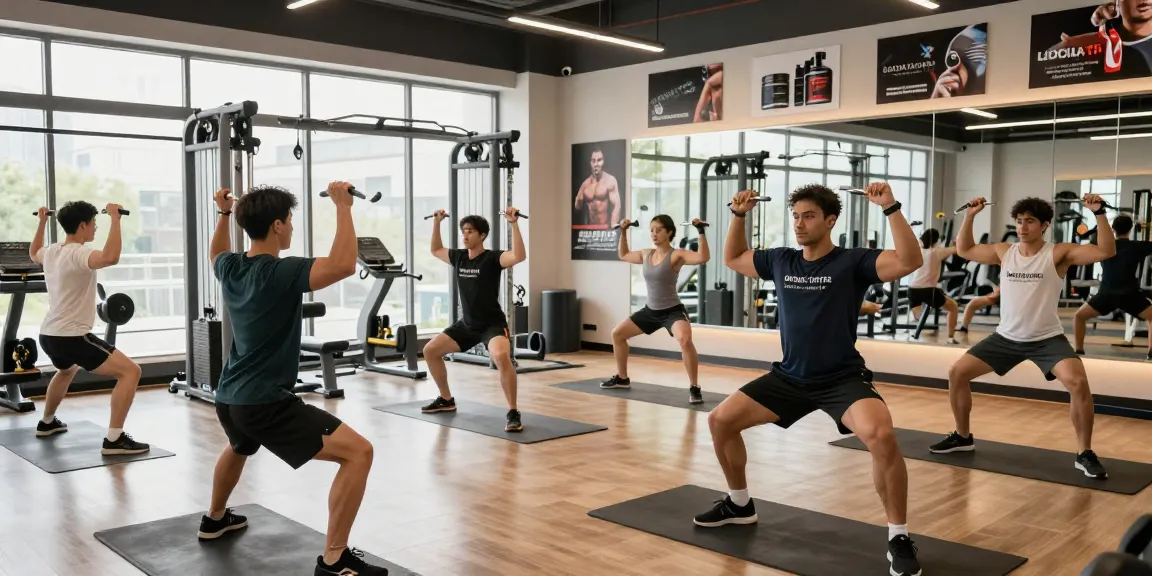 Global Pharma Steroids Produkte in einem modernen Fitnessstudio, Sportler beim Training.