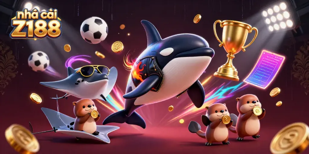 Enjoy a thrilling scene at nhà cái Z188 featuring an orca whale, stingray, and otters amidst vibrant casino elements.