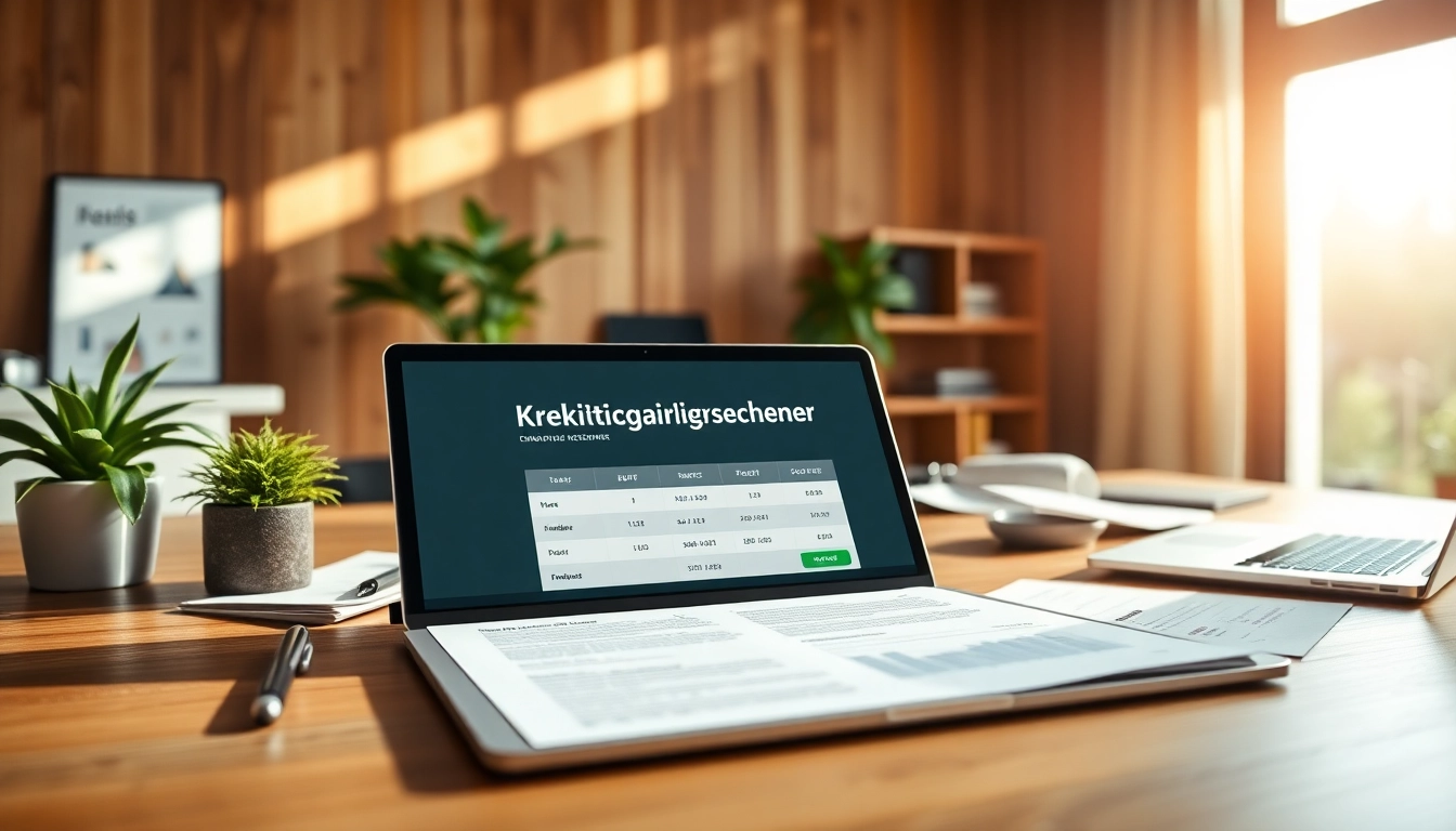 Kreditvergleichsrechner in einem modernen Büro mit finanziellen Unterlagen und einem Laptop