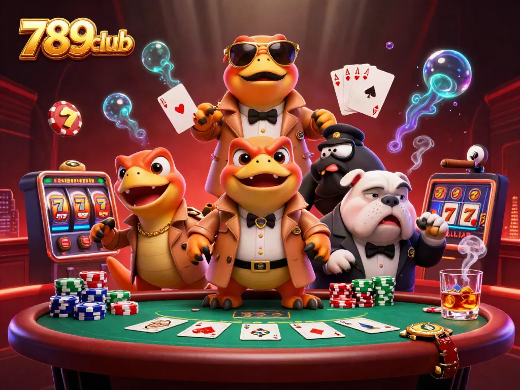 Join 789club's lively casino scene with raptors and poker action, showcasing vibrant game elements.