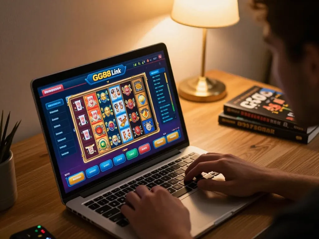 Player engaging in online gaming via GG88 Link, showcasing vibrant game graphics and personal gaming setup.