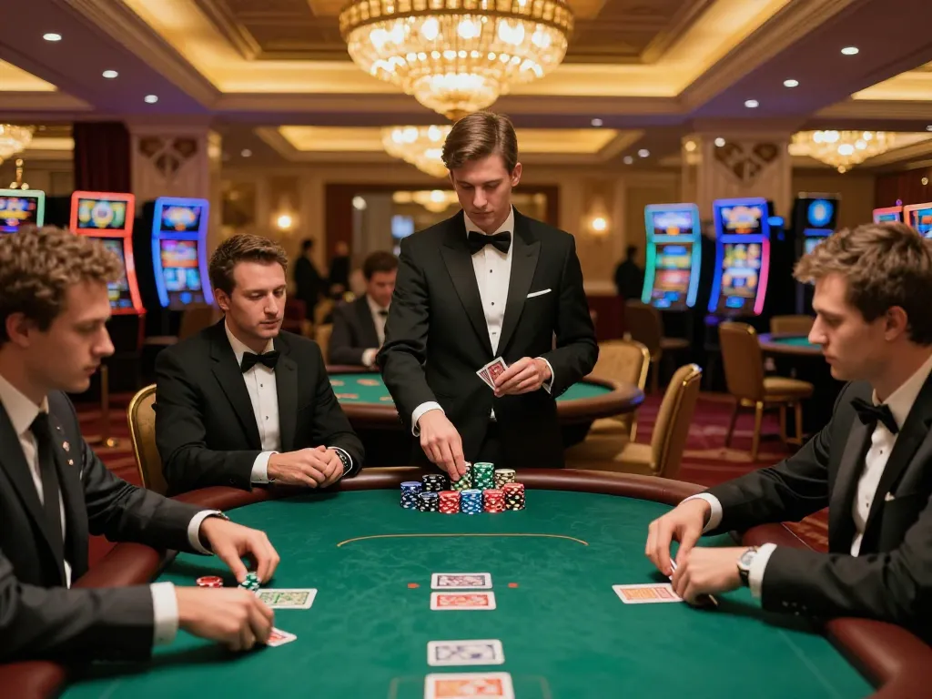 Intense poker game at TR88 casino with players strategizing over colorful chips and cards.